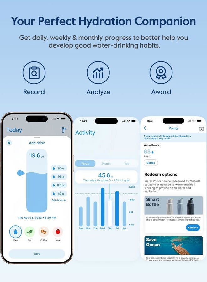 WaterH BOOST - زجاجة ماء ذكية سعة 710 مل مع تذكير بالترطيب وتتبع – معزولة بالفراغ من الفولاذ المقاوم للصدأ، خالية من BPA، بفم واسع - Image 4